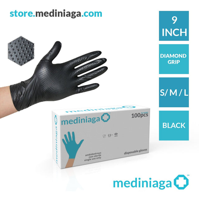 Archived Mediniaga diamond-grip glove and branded packaging artwork