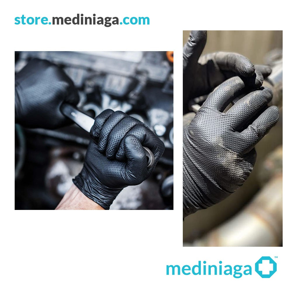 Mediniaga black textured nitrile gloves handling workshop tools