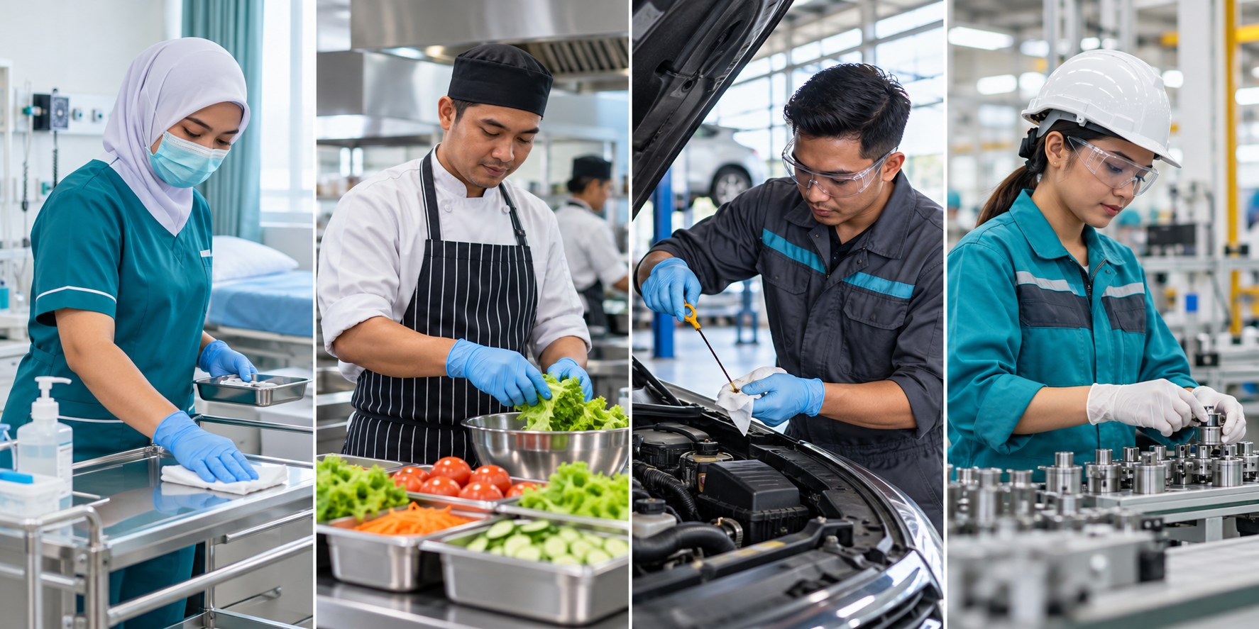 Malaysian workers using disposable gloves in clinical, food preparation, automotive and industrial settings