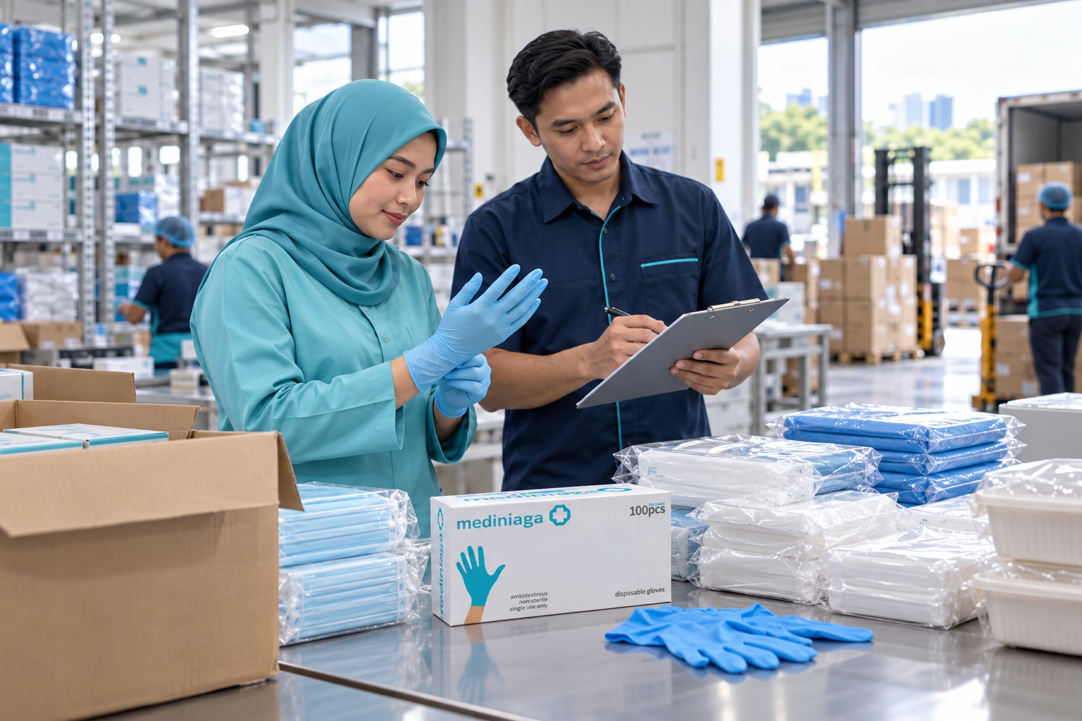 Illustration of a Malaysian supply team with Mediniaga gloves and medical consumables