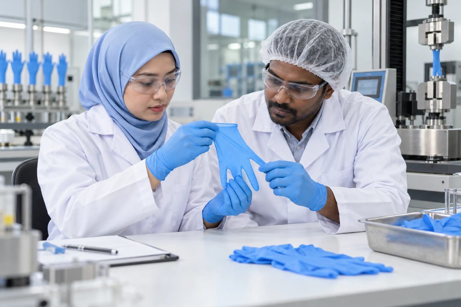 Illustration of Malaysian technicians inspecting a glove