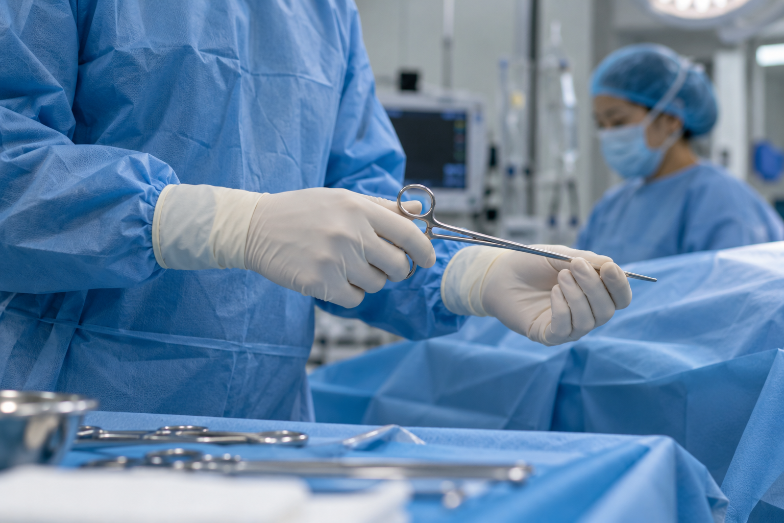 Surgical gloves in use within an operating-room scene